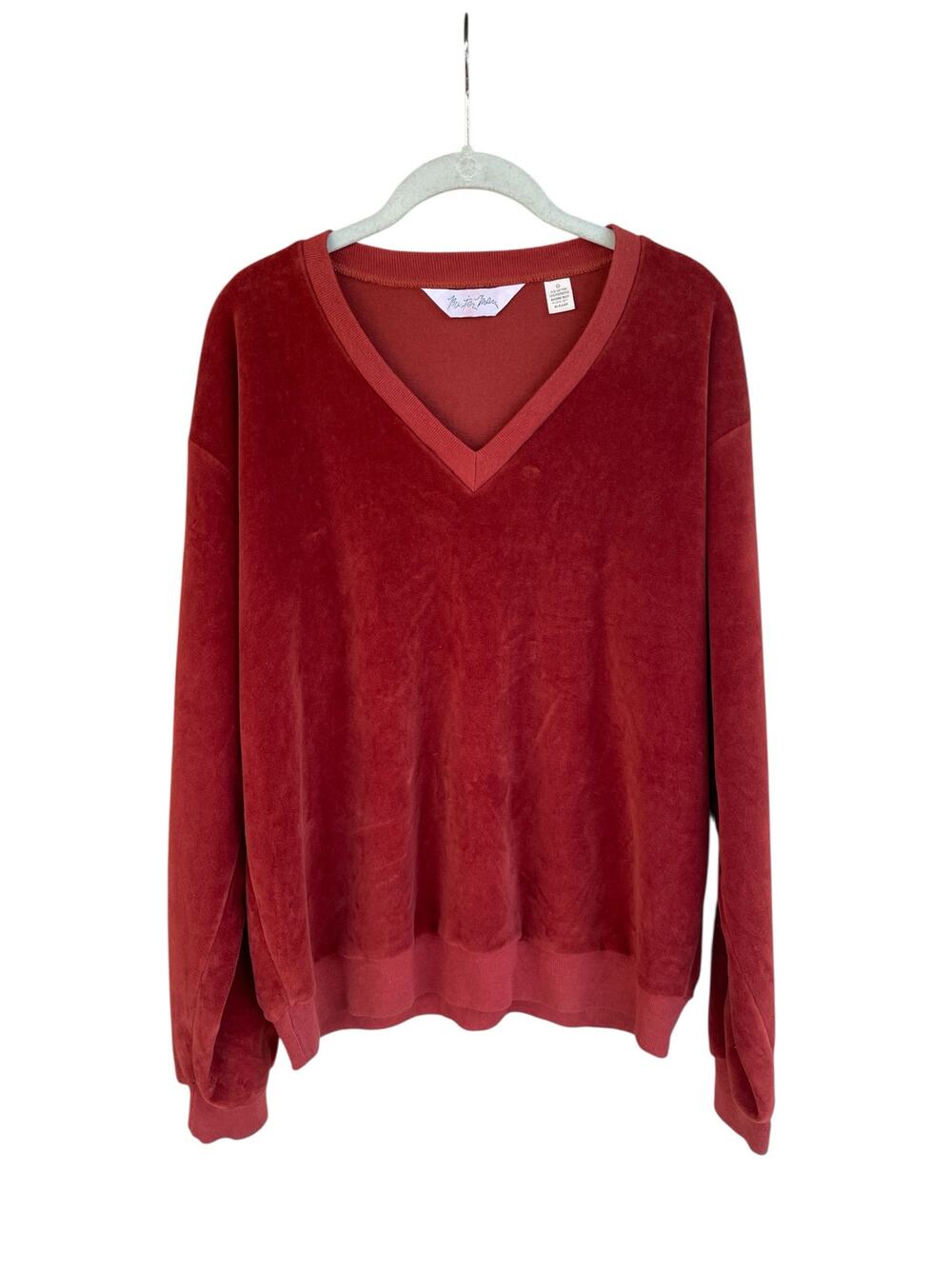 Velour V-Neck Sweatshirt Pullover Loungewear Vintage Size XL Fits S/M Rusty